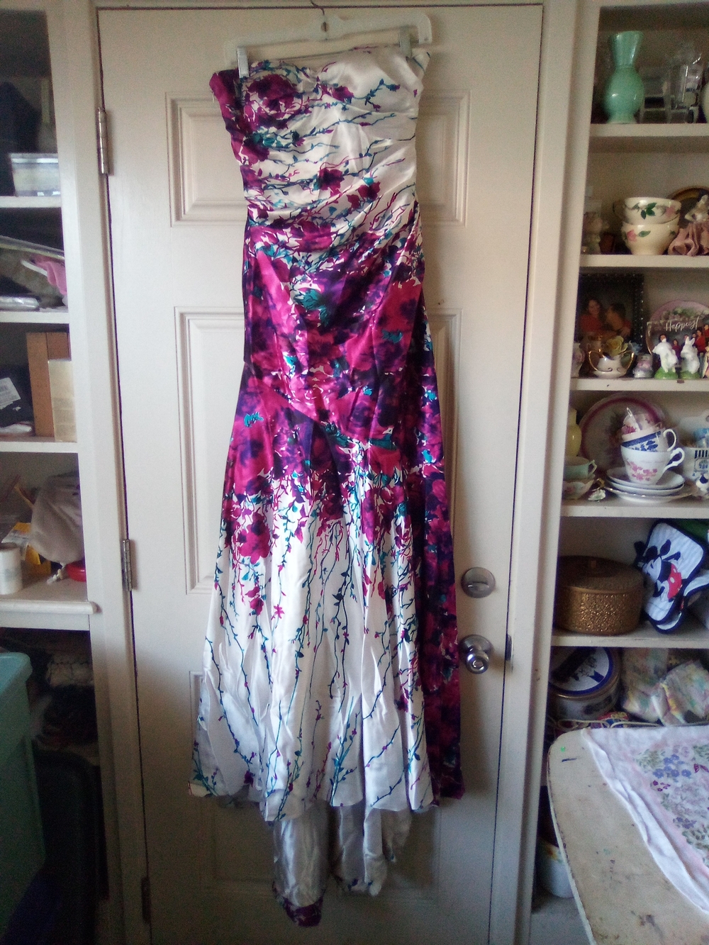Cache Strapless Floral Satin Evening Dress Magenta